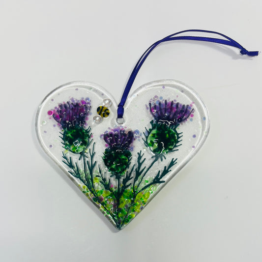 Thistle and Bee Fused Glass Hanging Heart (Large)