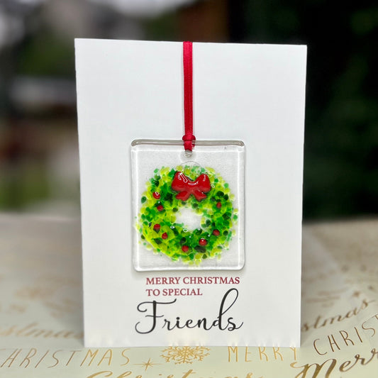 Merry Christmas Friends card with detachable handmade glass christmas decoration