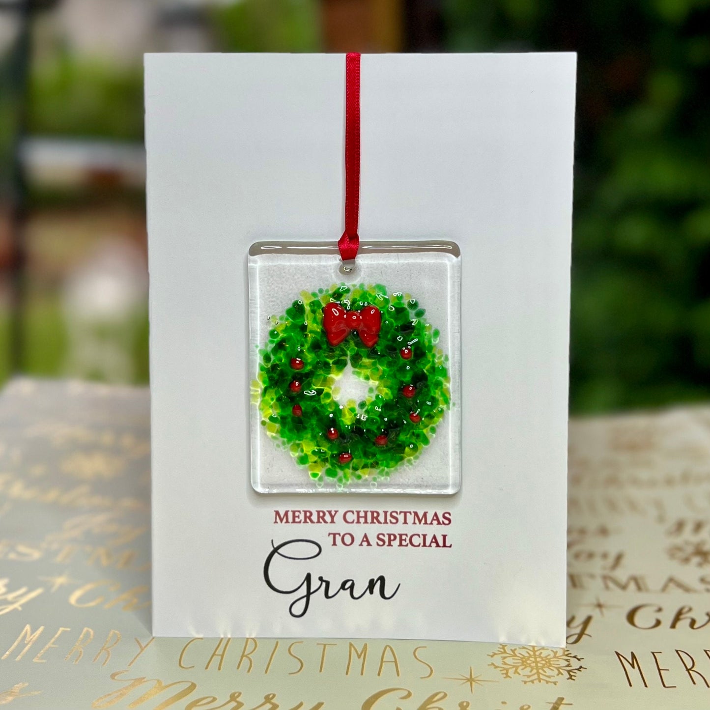Merry Christmas Gran card with detachable handmade glass christmas decoration