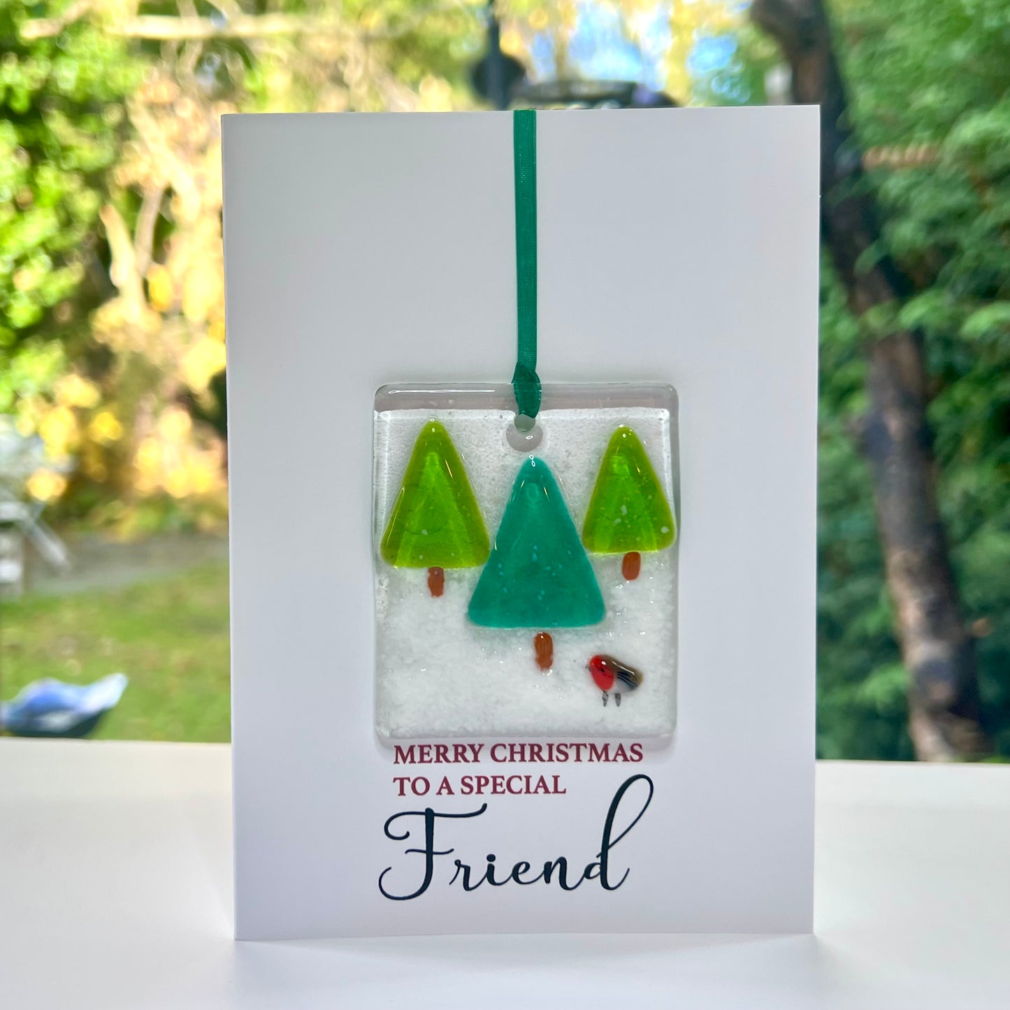 Merry Christmas Friend card with detachable handmade glass christmas decoration