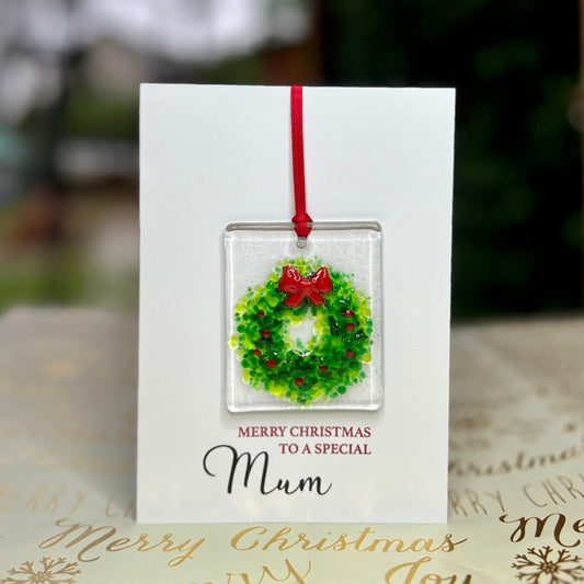 Merry Christmas Mum card with detachable handmade glass christmas decoration