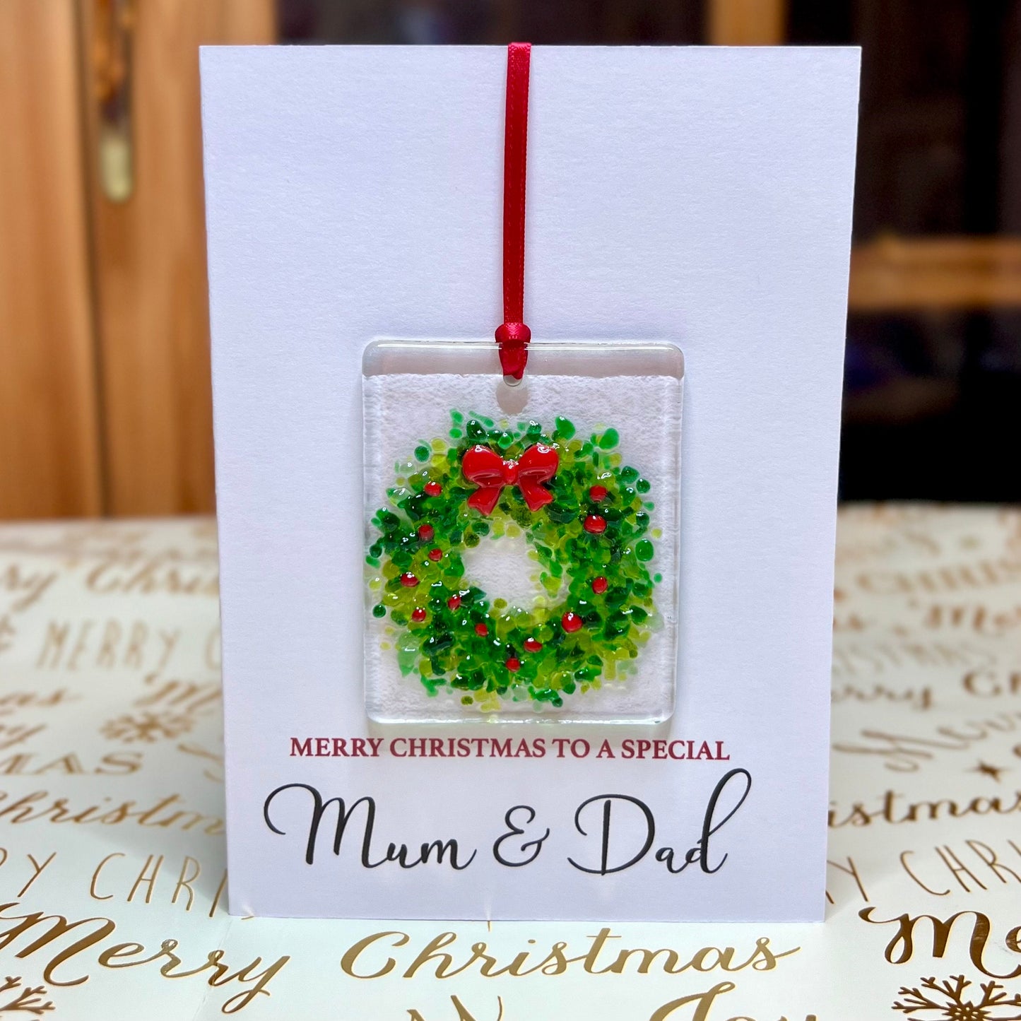 Merry Christmas Mum and Dad card with detachable handmade glass christmas decoration
