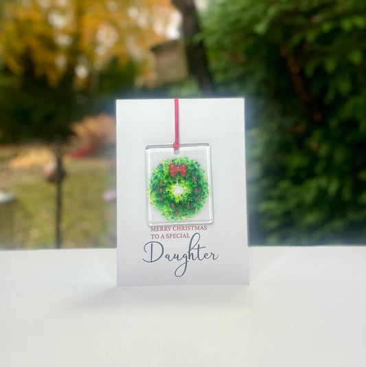 Merry Christmas Daughter card with detachable handmade glass holly wreath decoration