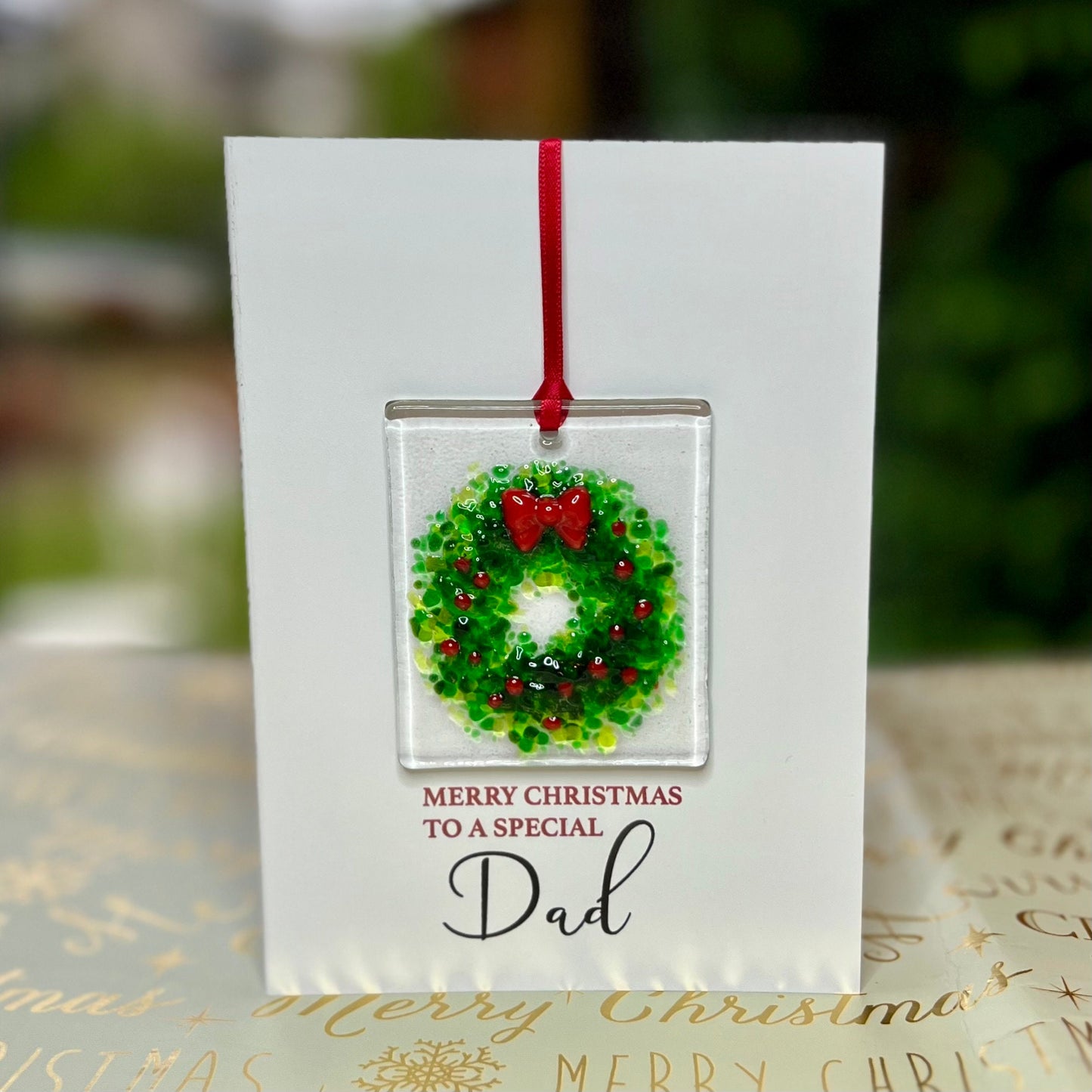 Merry Christmas Dad card with detachable handmade glass christmas decoration