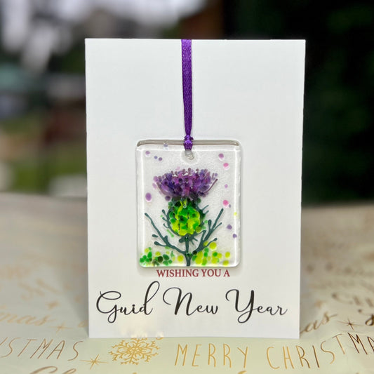Guid New Year card with detachable handmade fused glass thistle keepsake