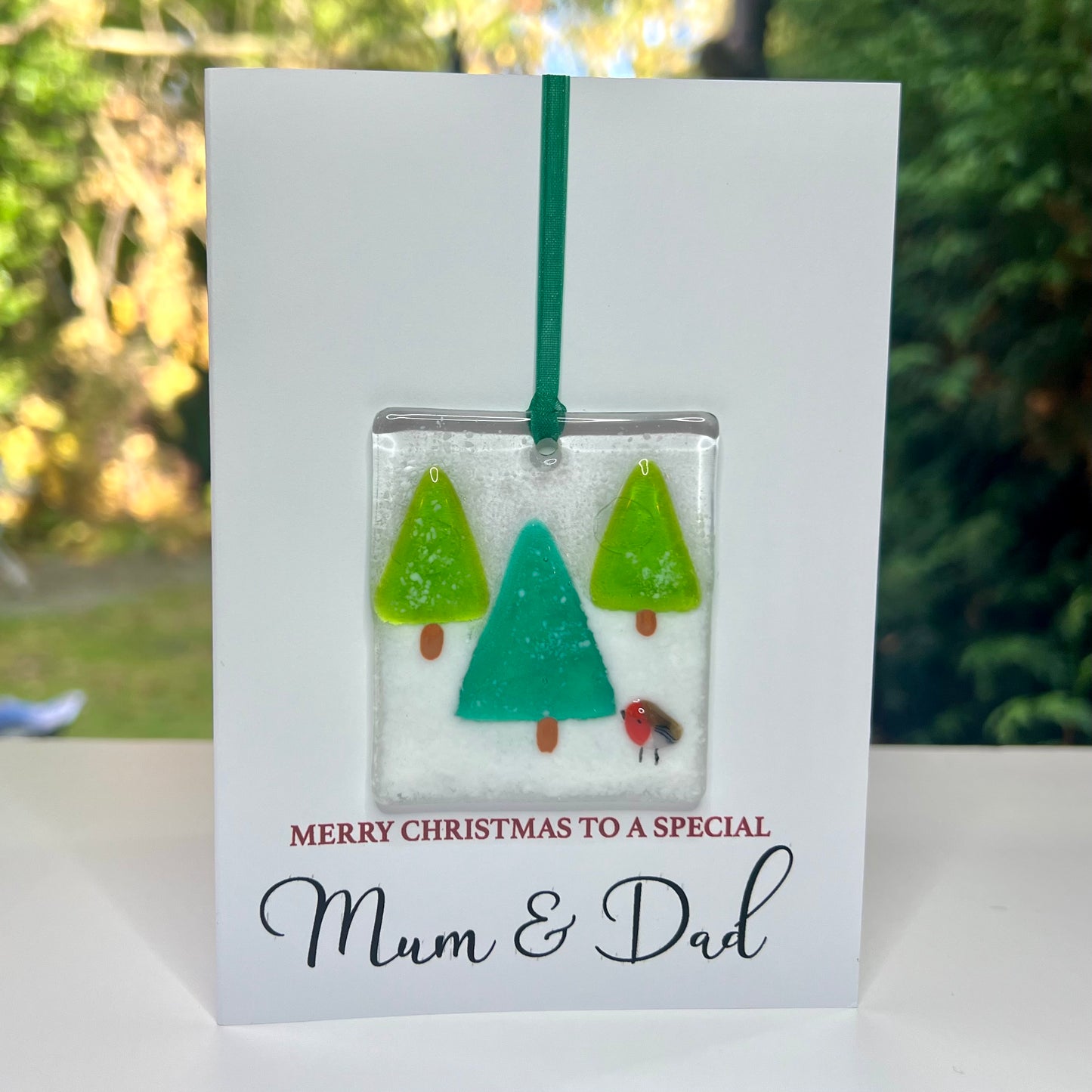 Merry Christmas Mum and Dad card with detachable handmade glass christmas decoration