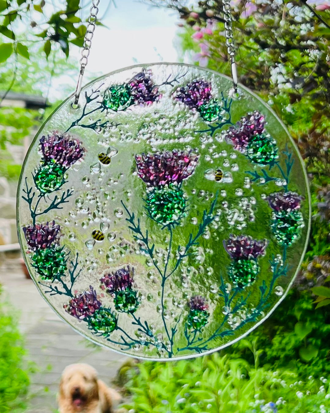 Hanging Thistle Suncatcher Glass Panel with Bees