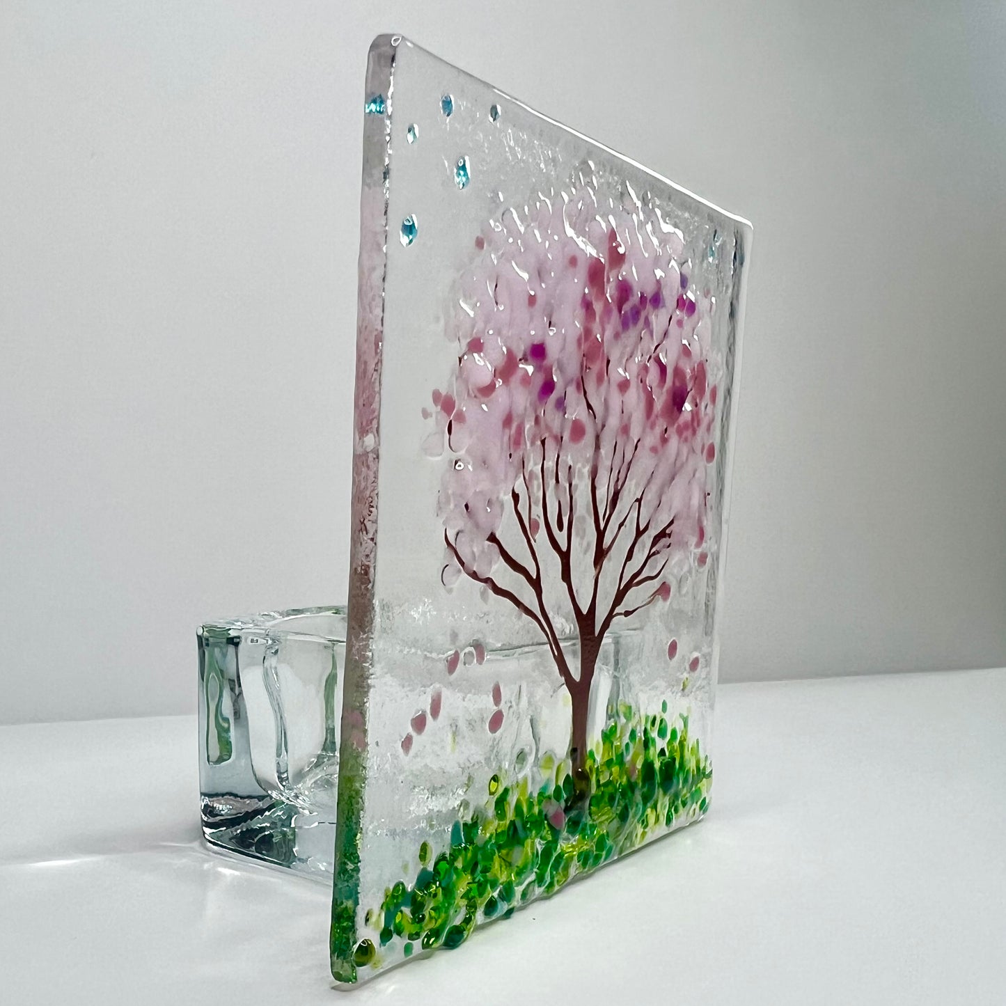 Handmade Fused Glass Tealight Holder – Wildflower Nature Design, 7 Colour Options