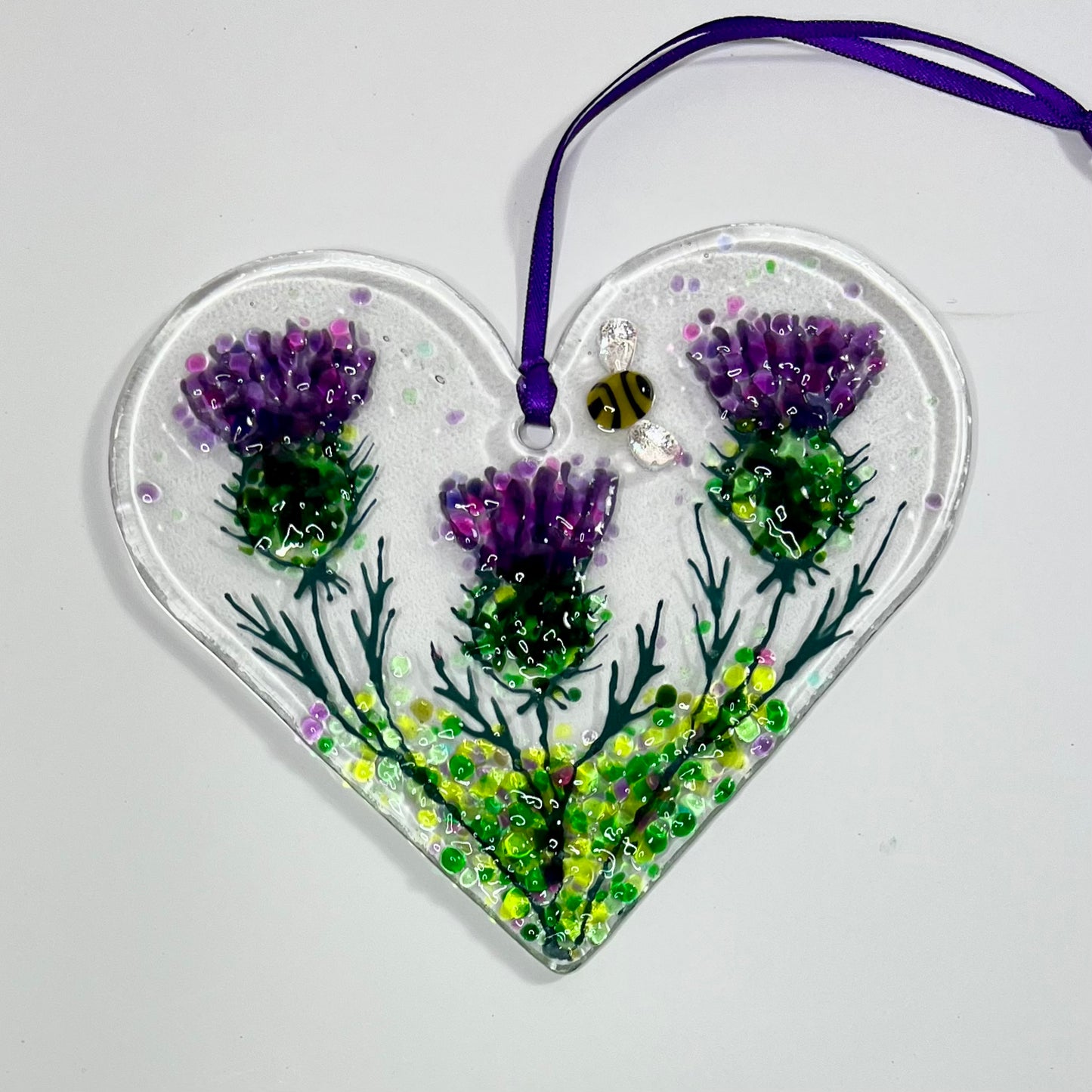 Thistle and Bee Fused Glass Hanging Heart (Large)