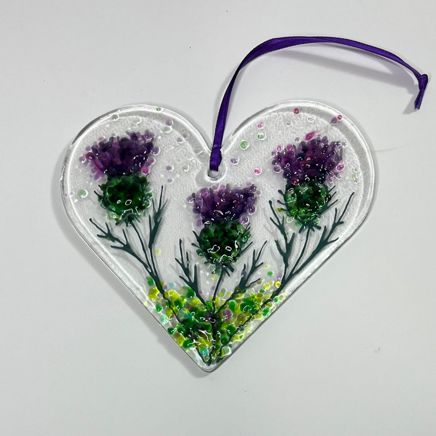Thistle Fused Glass Hanging Heart (Large)