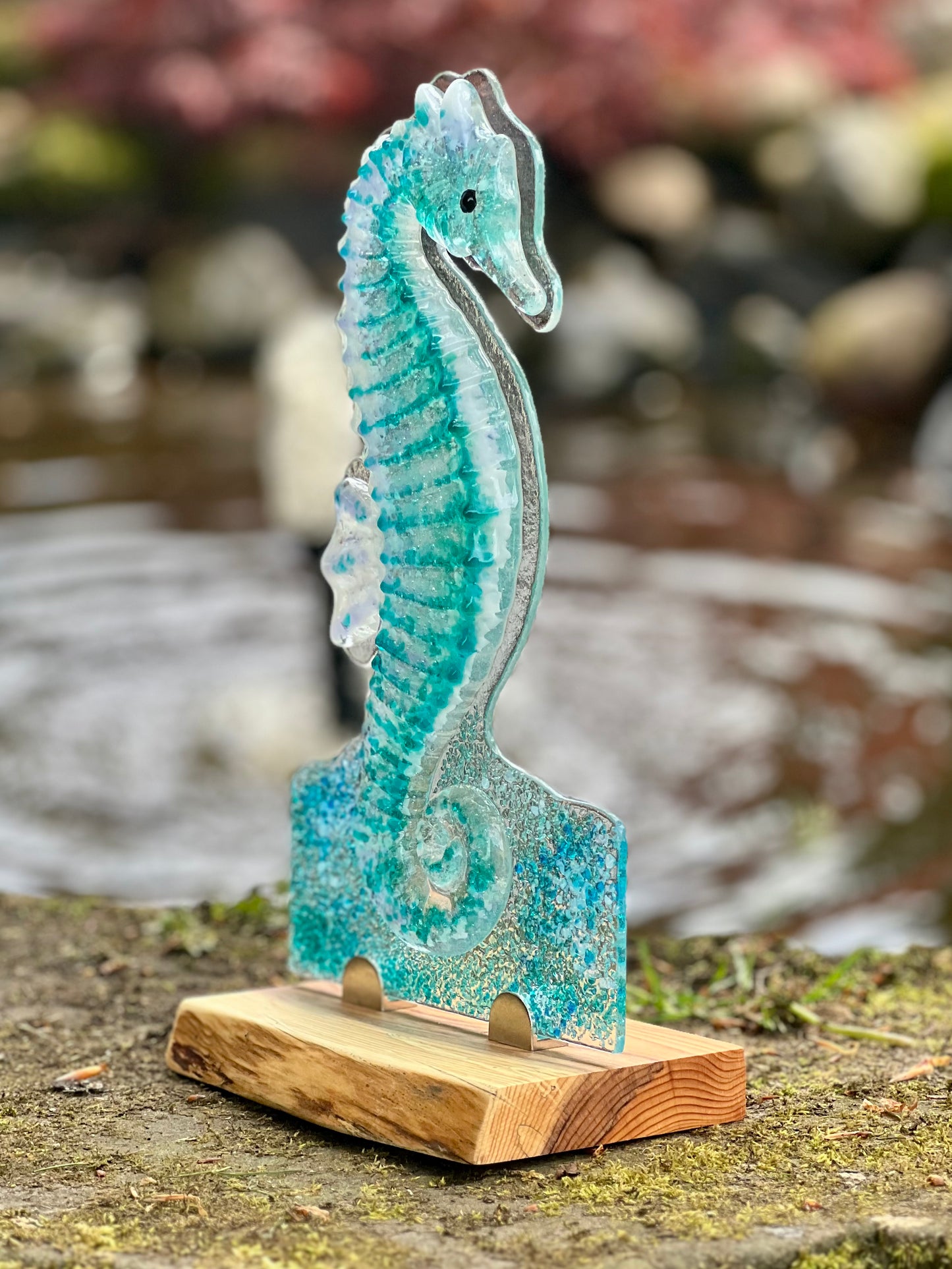 Freestanding Fused Glass Seahorse on Yew Stand – Handmade Coastal Statement Piece