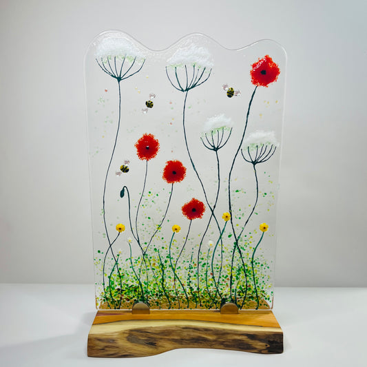 Poppy & Cow Parsley Fused Glass Panel (Large)