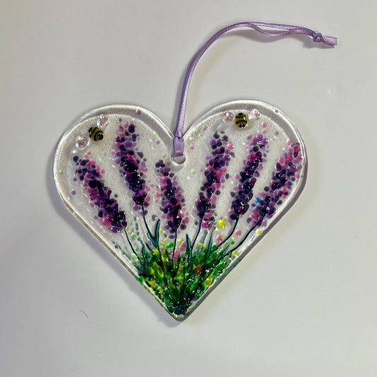 Lavender and Bee Fused Glass Hanging Heart (Large)