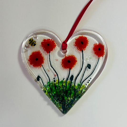 Poppy and Bee Fused Glass Hanging Heart (Medium)