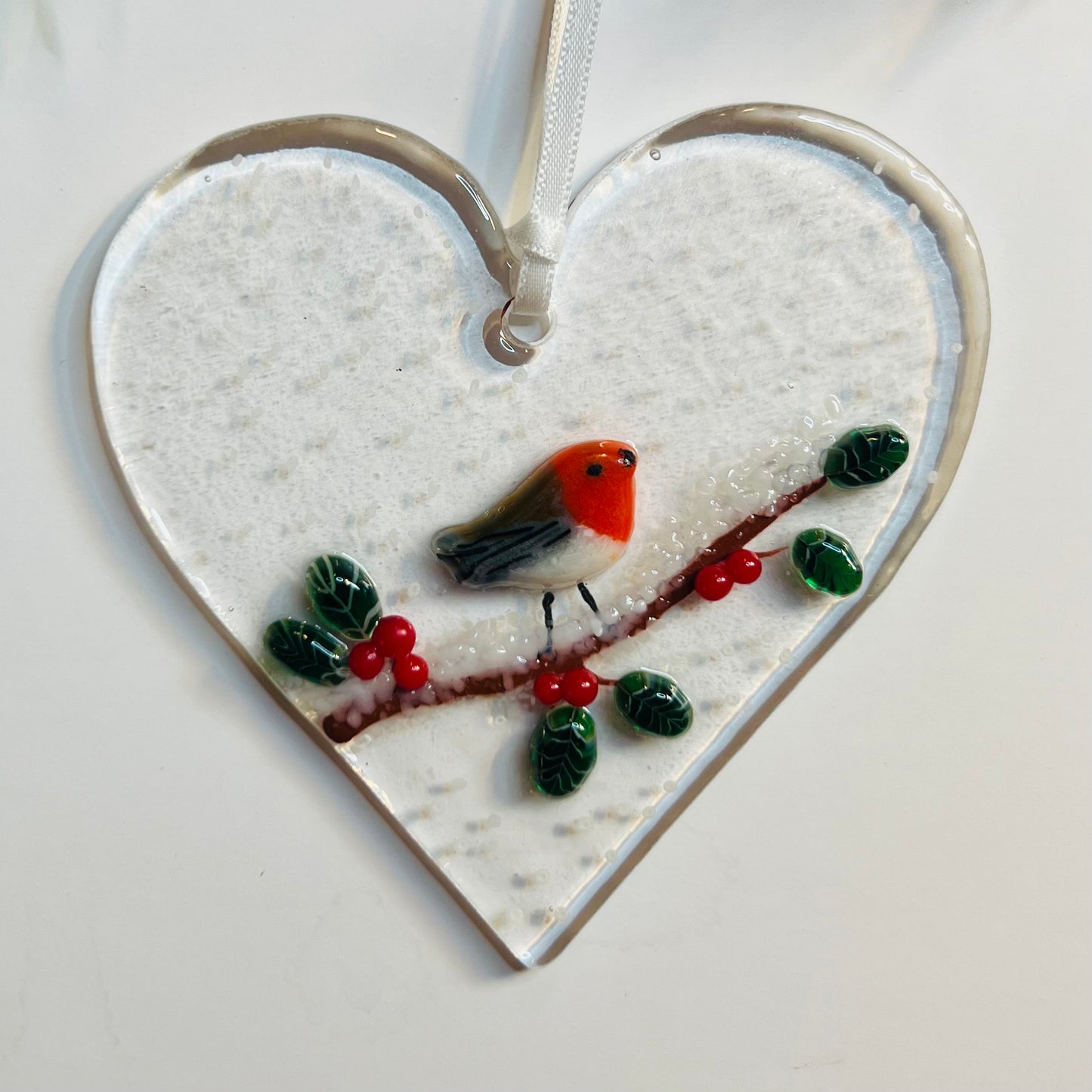 Handmade Fused Glass Robin & Holly Christmas Heart