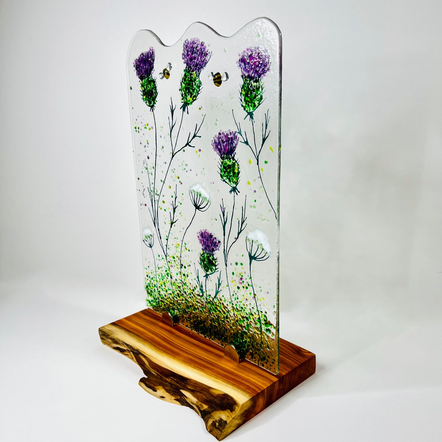 Thistle, Cow Parsley and Bee Fused Glass Panel (Large)