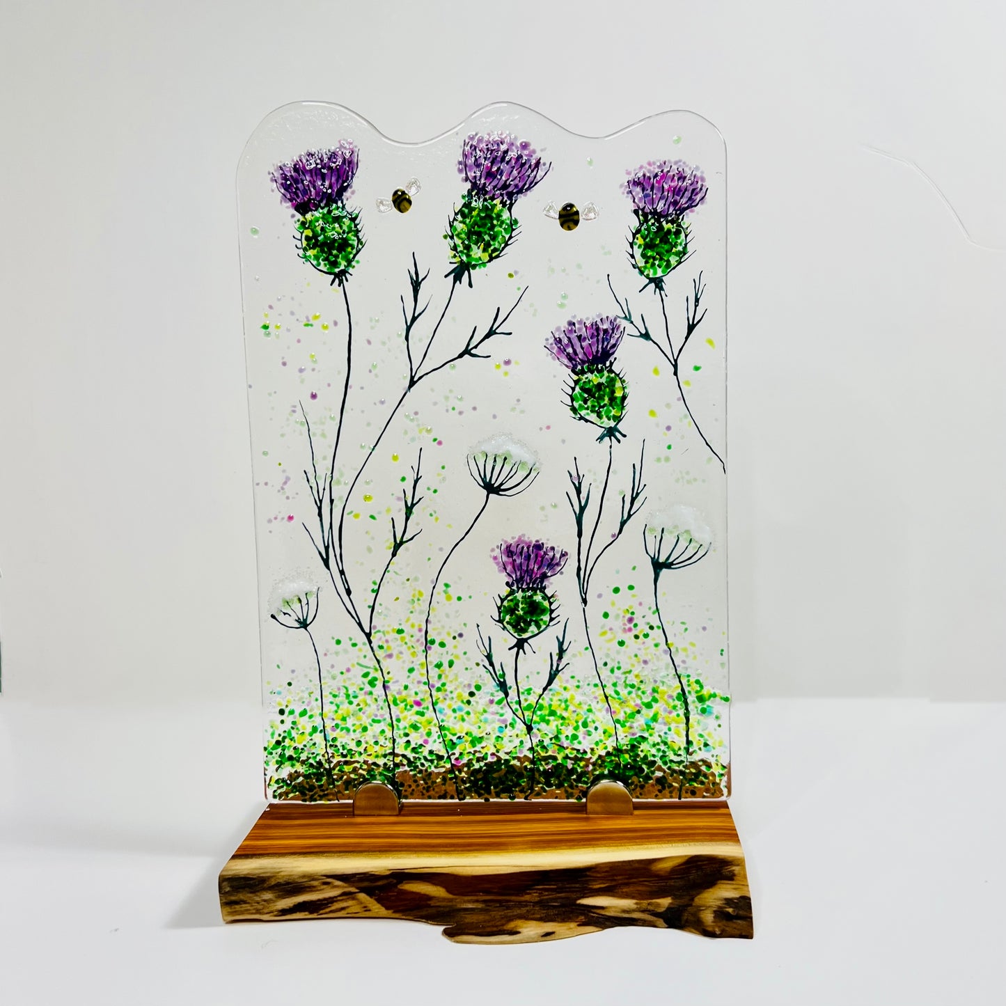 Thistle, Cow Parsley and Bee Fused Glass Panel (Large)