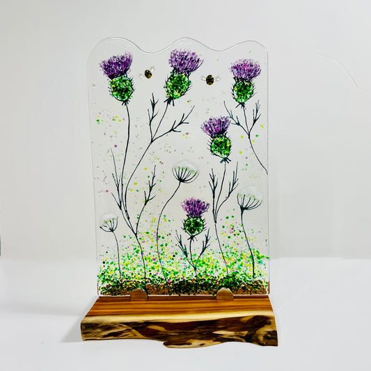 Thistle, Cow Parsley and Bee Fused Glass Panel (Large)