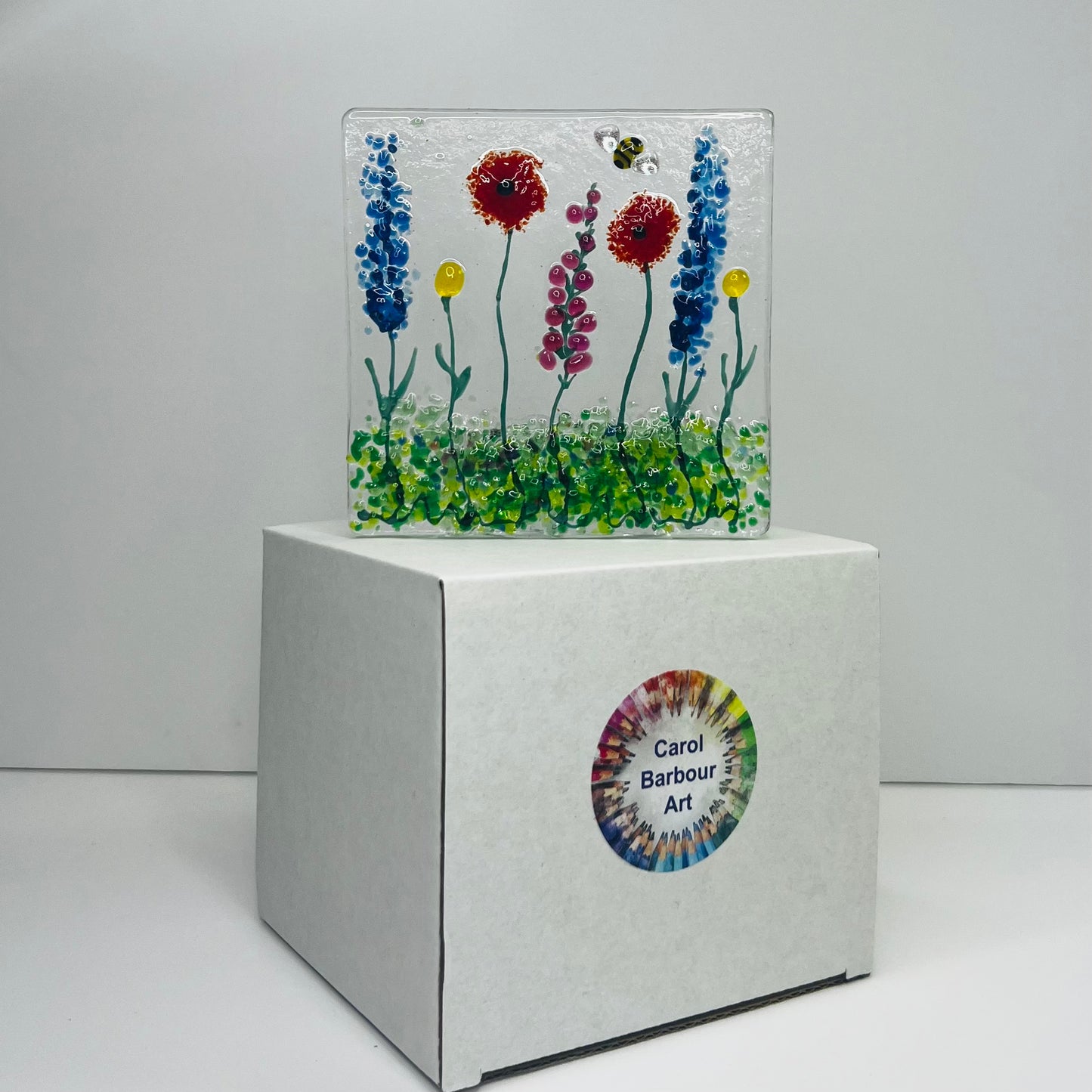 Multi Coloured Wild Meadow & Bee Handmade Fused Glass Tealight Holder