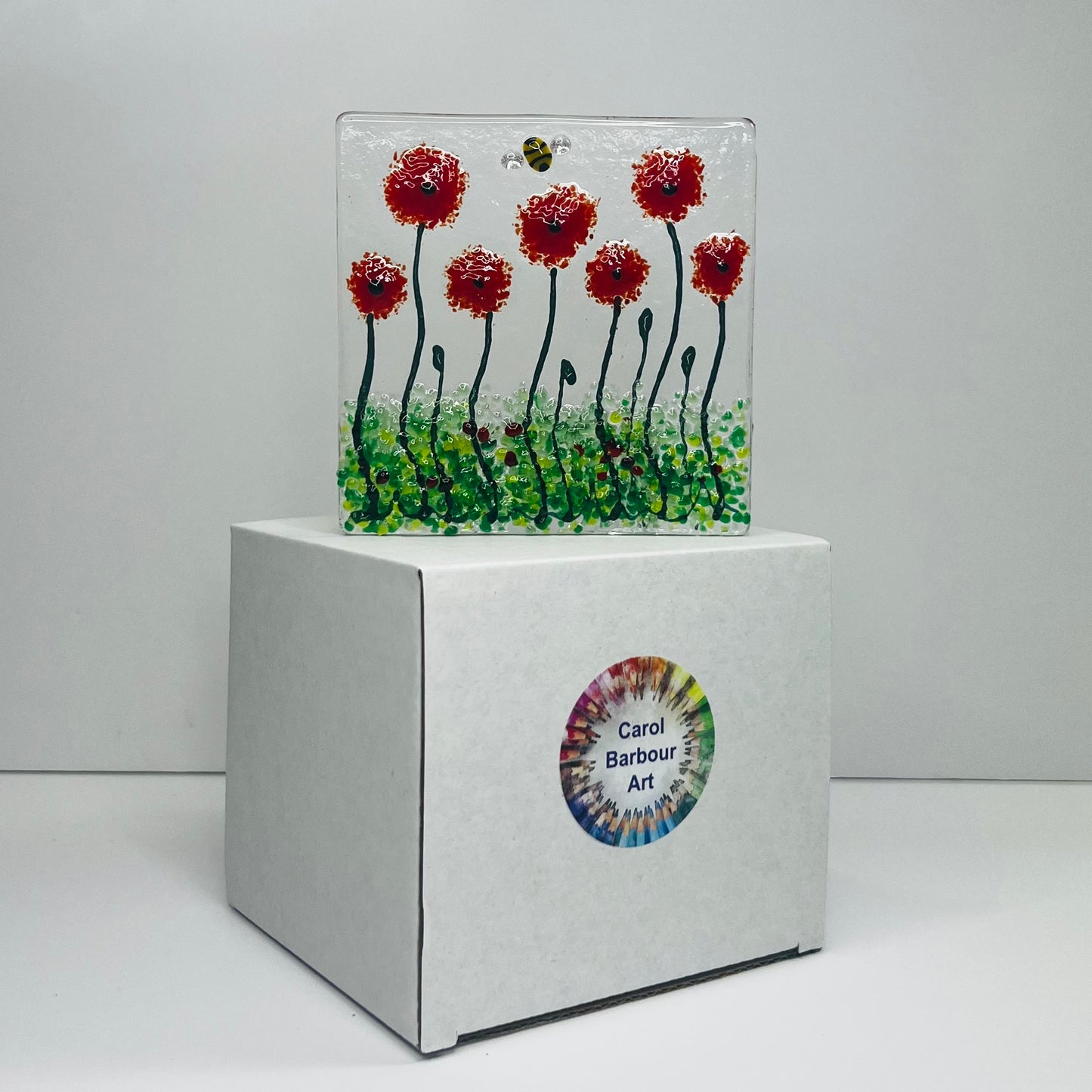 Red Poppy wild Meadow and bee Handmade Fused Glass Tealight Holder