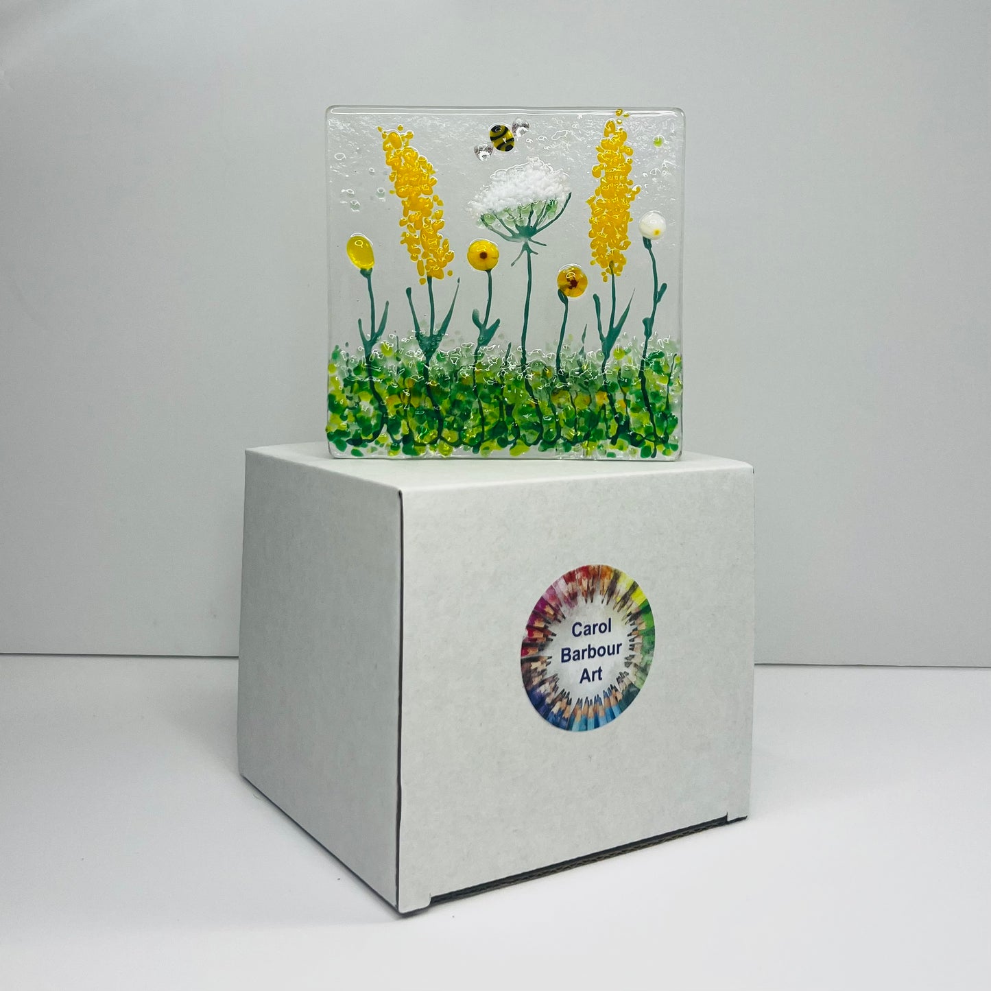 Yellow & White Wild Meadow and bee Handmade Fused Glass Tealight Holder