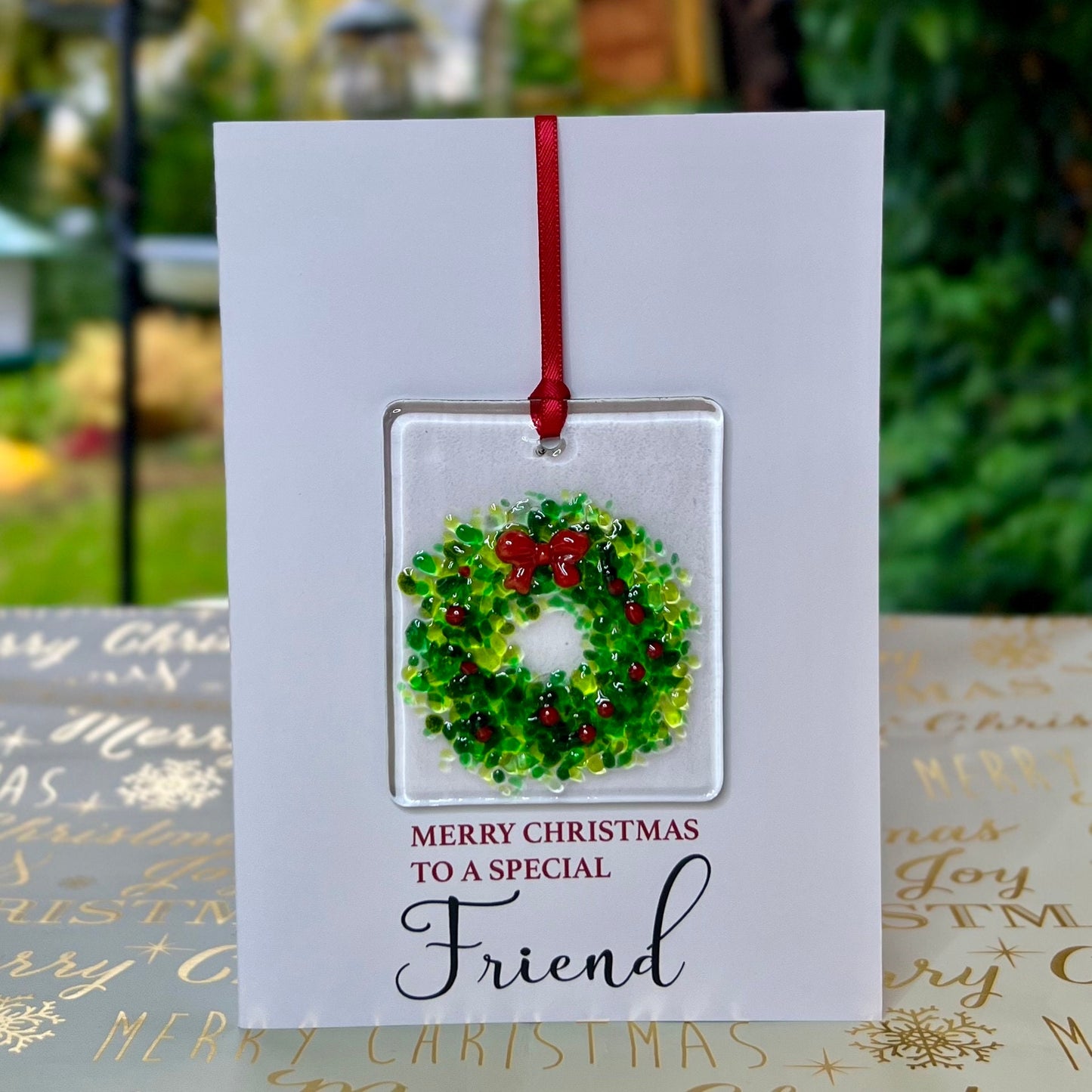 Merry Christmas Friend card with detachable handmade glass christmas decoration