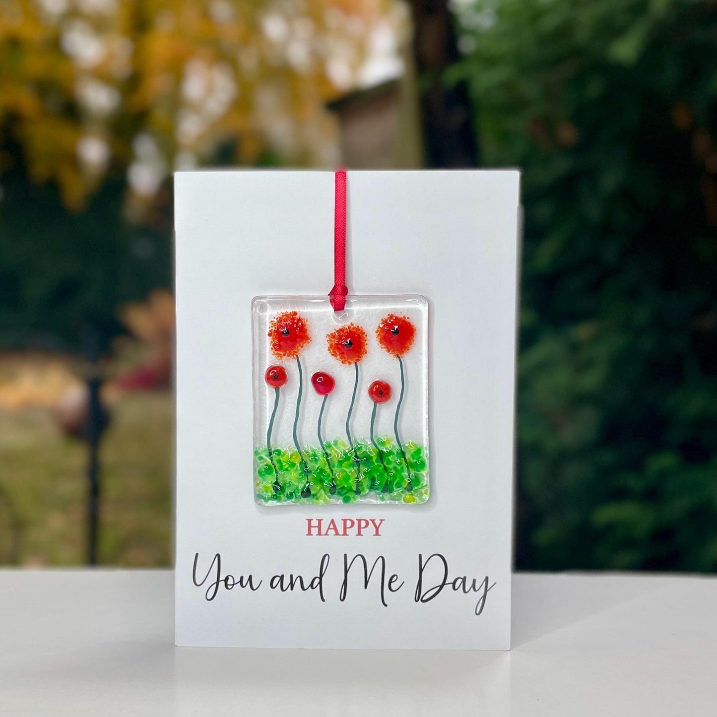 Happy You and Me Day card with detachable handmade glass keepsake