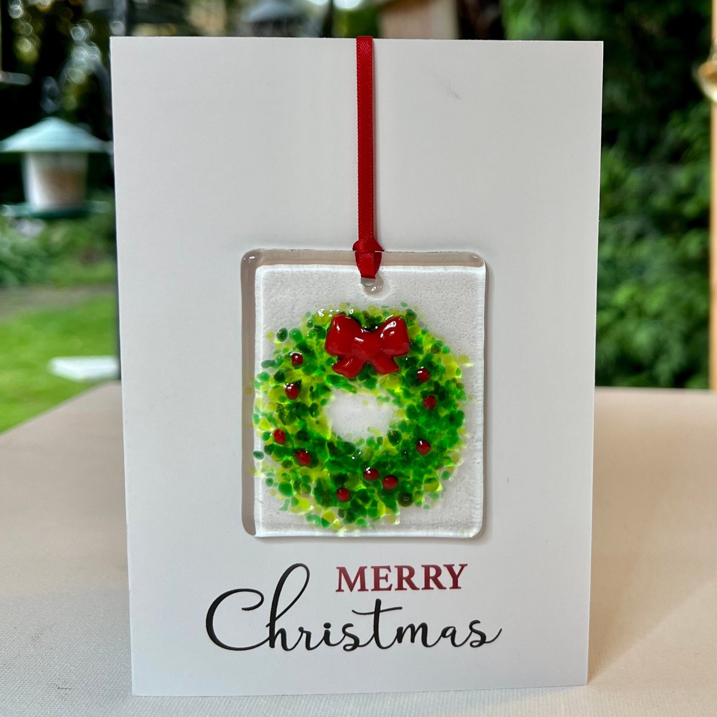 Merry Christmas card with detachable handmade fused glass christmas decoration