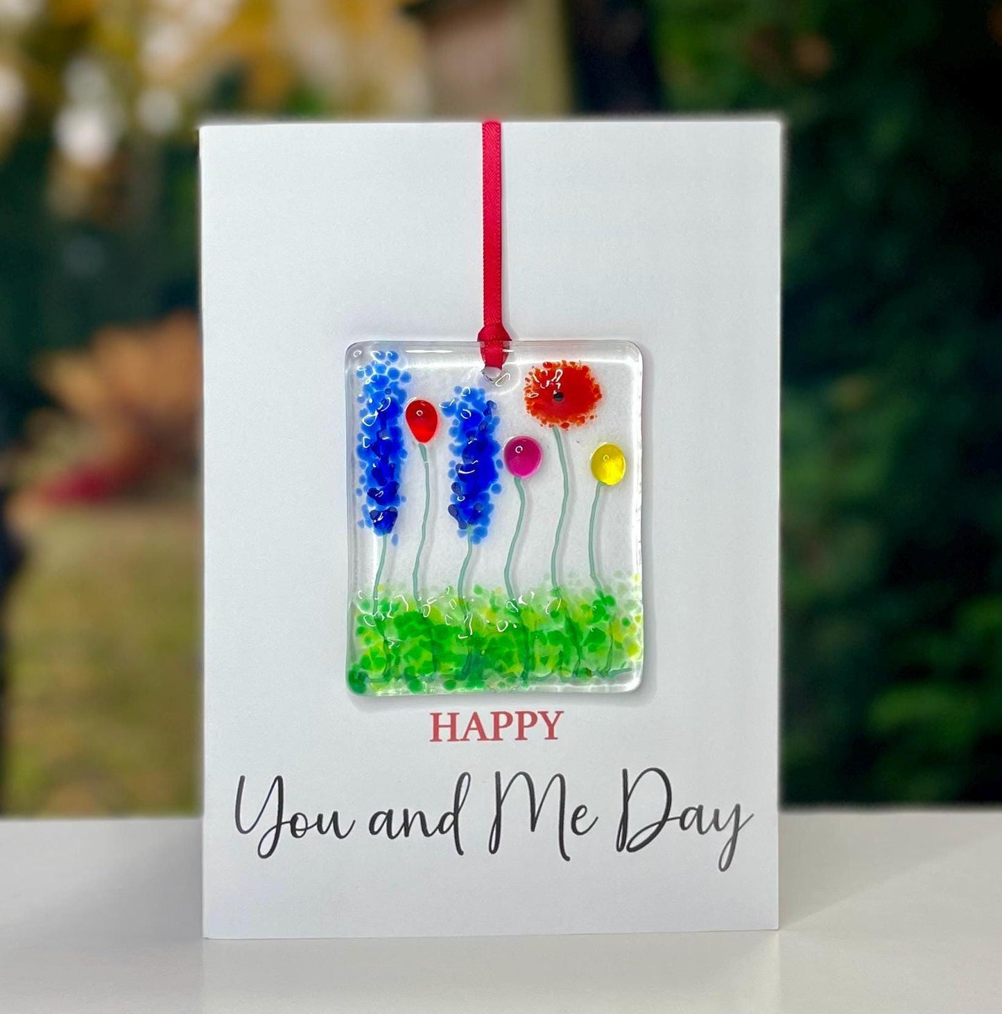 Happy You and Me Day card with detachable handmade glass keepsake