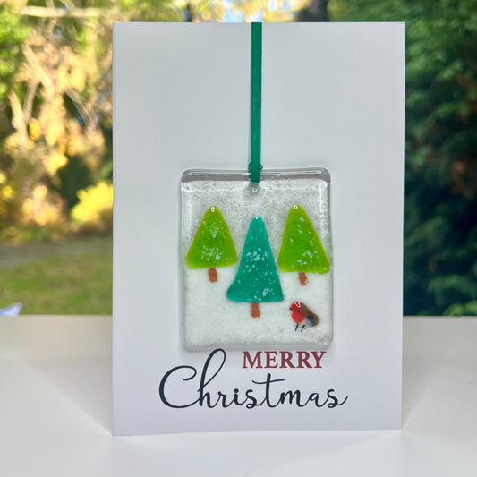 Merry Christmas card with detachable handmade fused glass christmas decoration