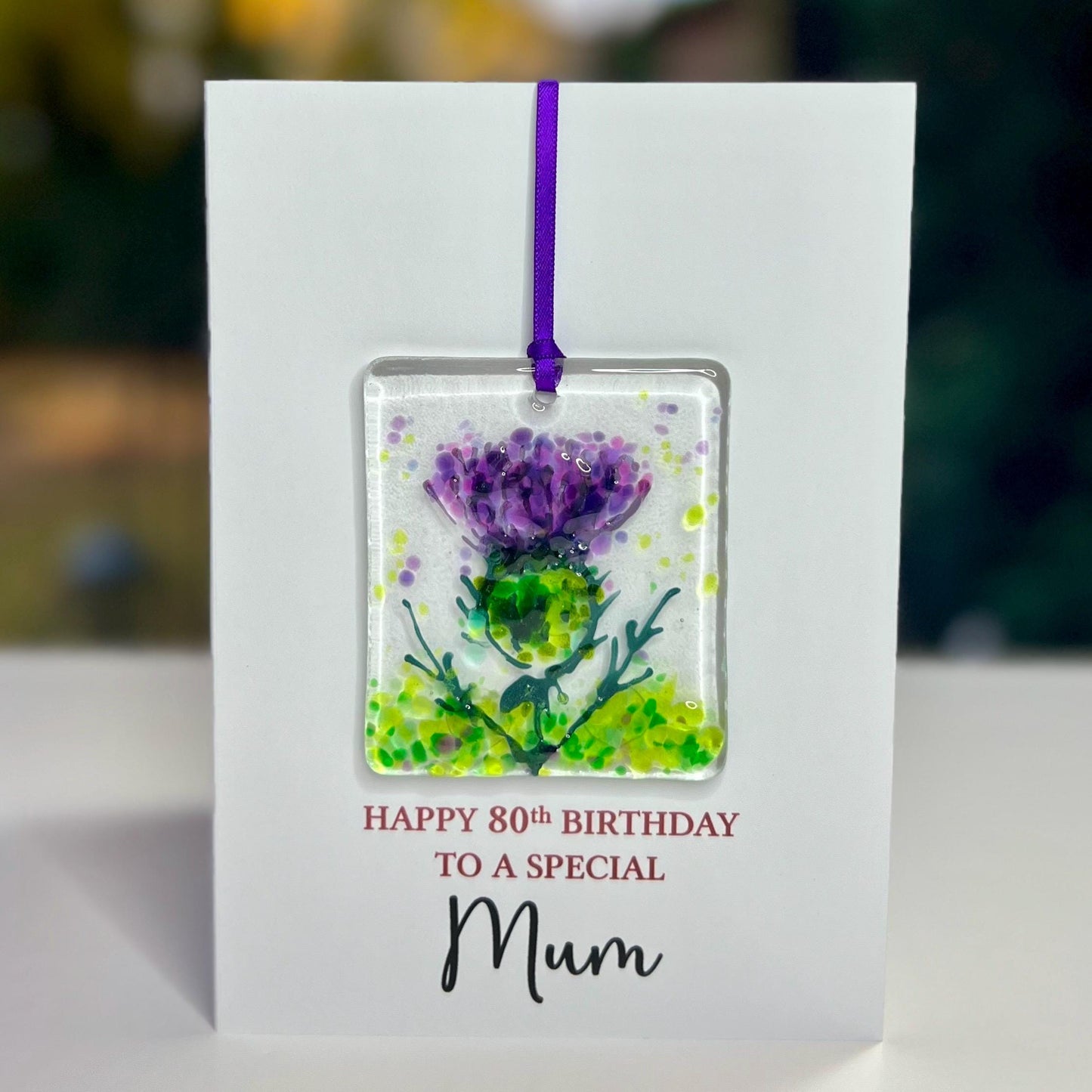 80th Mum Birthday card with detachable handmade glass keepsake