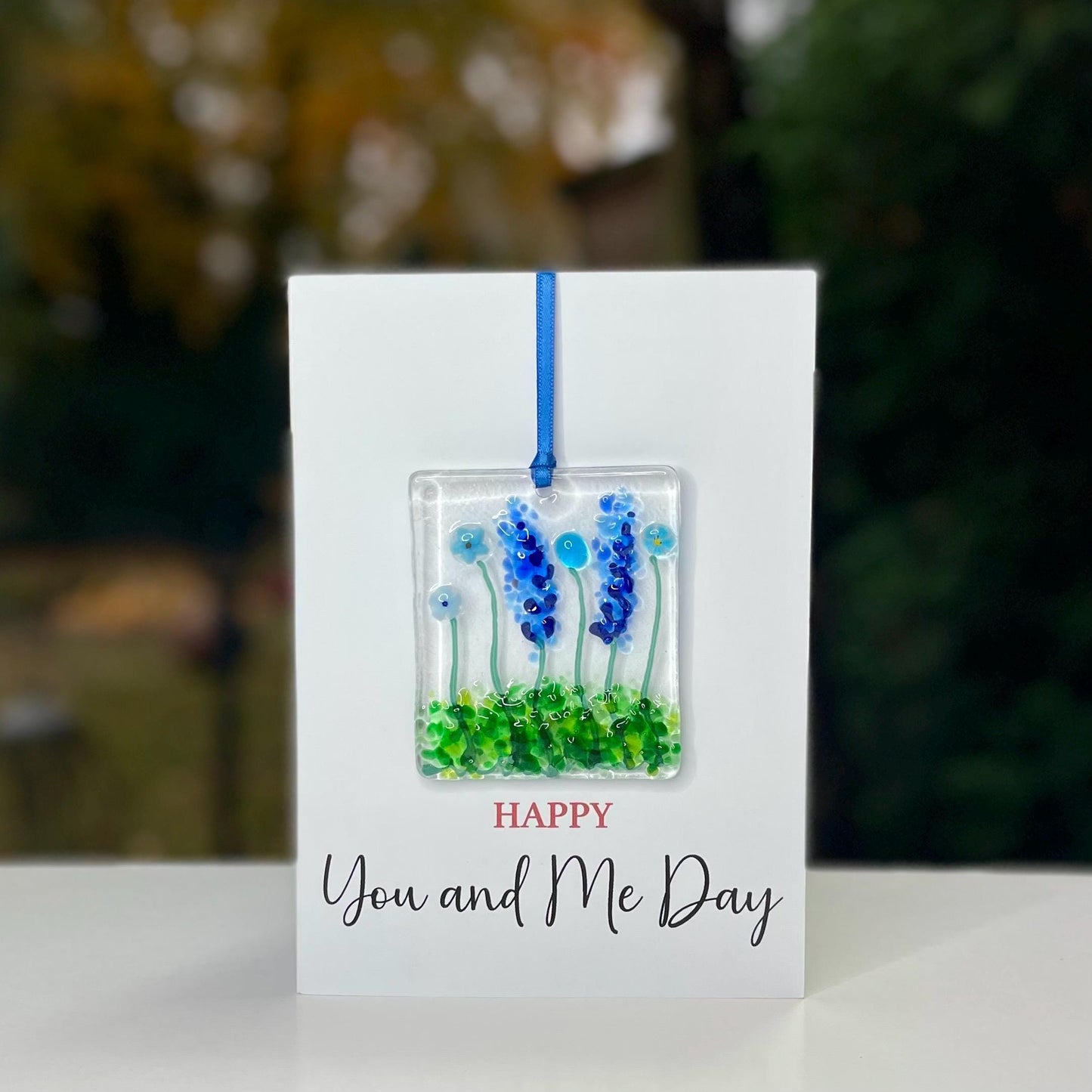 Happy You and Me Day card with detachable handmade glass keepsake
