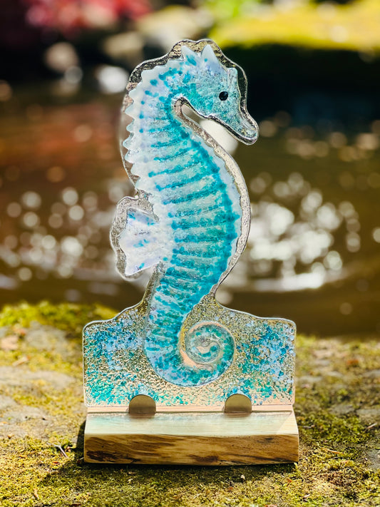 Freestanding Fused Glass Seahorse on Yew Stand – Handmade Coastal Statement Piece