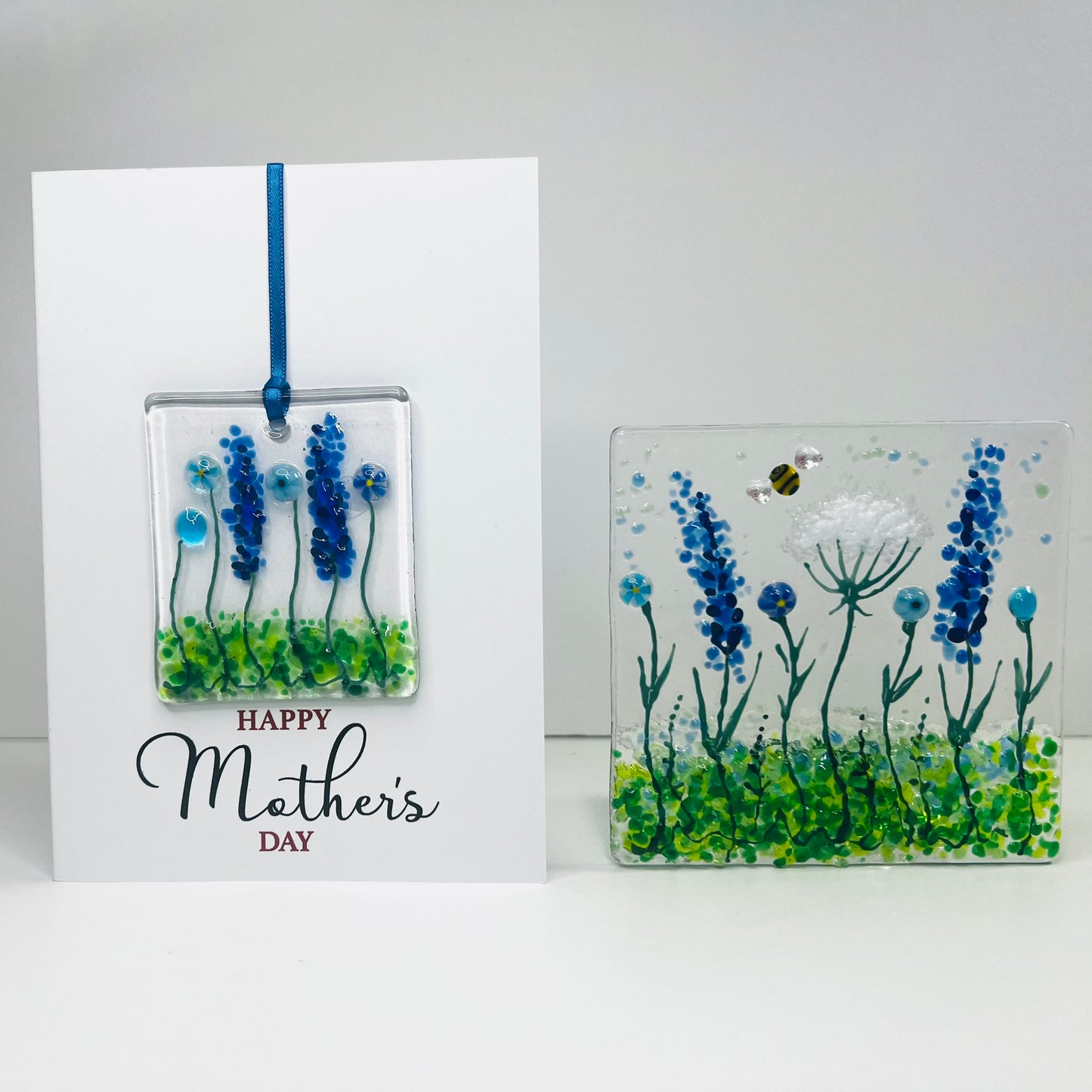 Mother’s Day Glass Gift Set – Fused Glass Floral Keepsake Card & Matching Tealight Holder