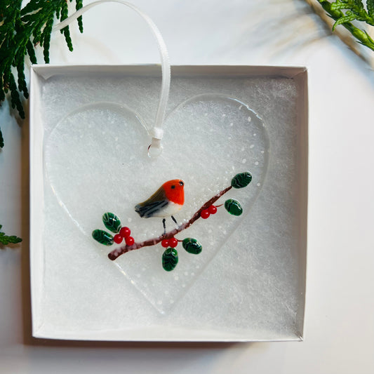 Handmade Fused Glass Robin & Holly Christmas Heart