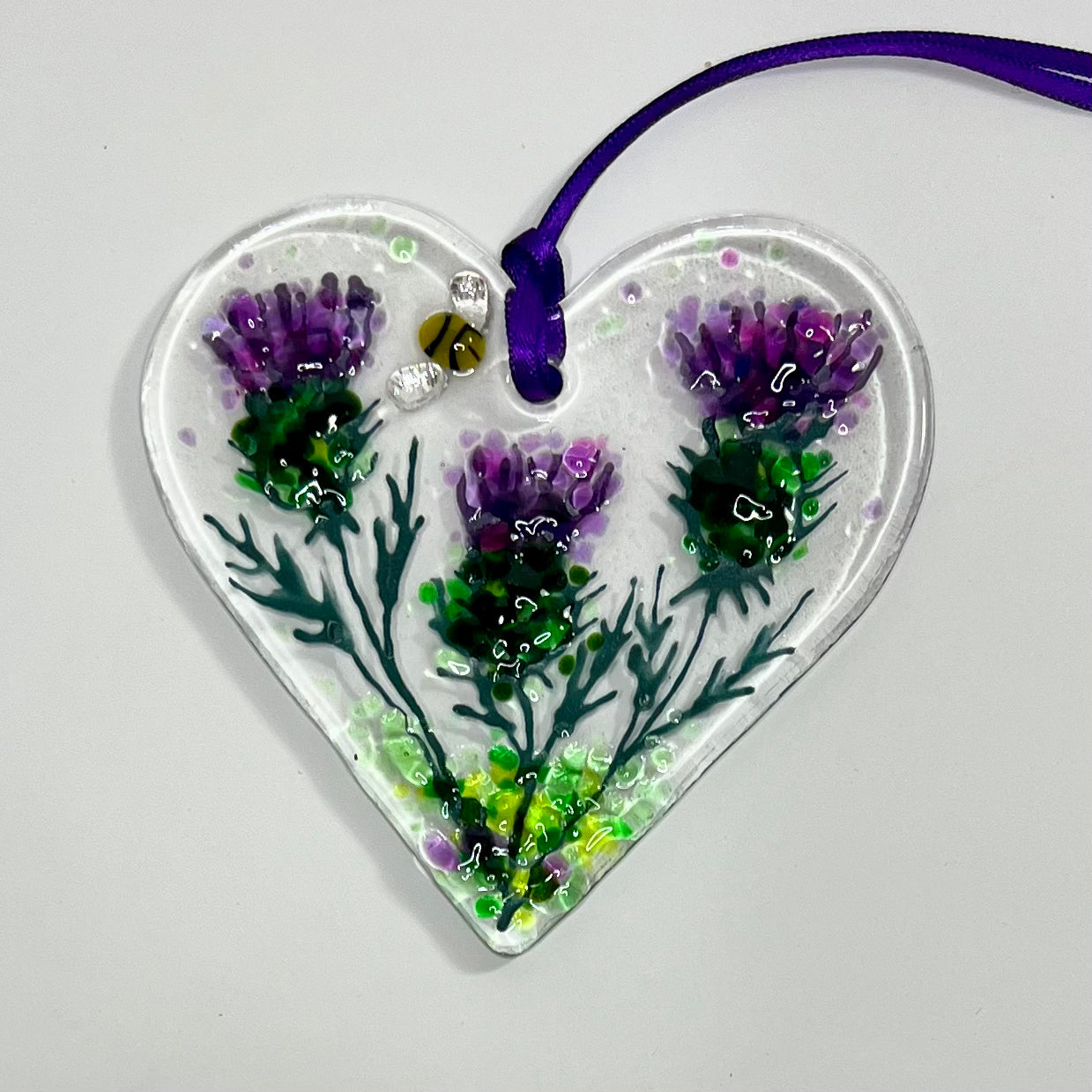 Thistle & Bee Fused Glass Hanging Heart (Medium)
