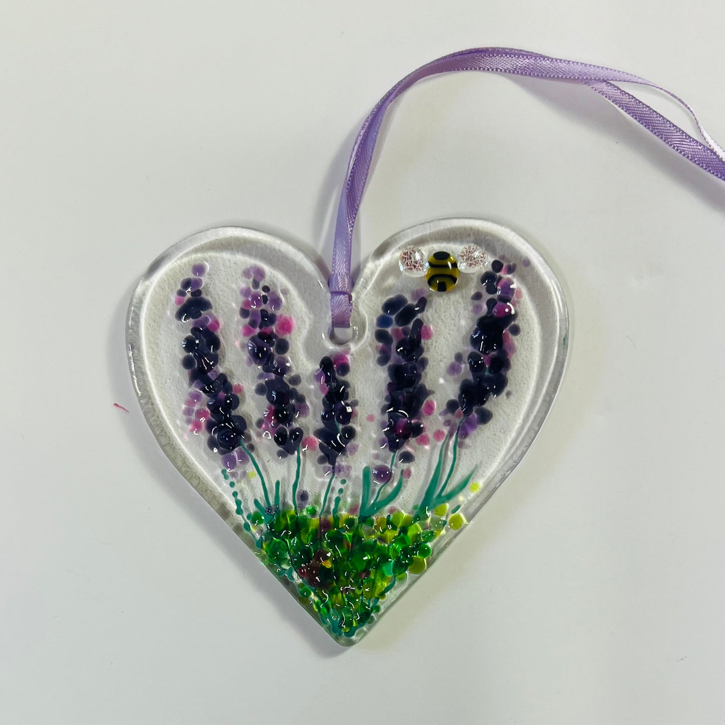 Lavender Bee Fused Glass Hanging Heart (Medium)