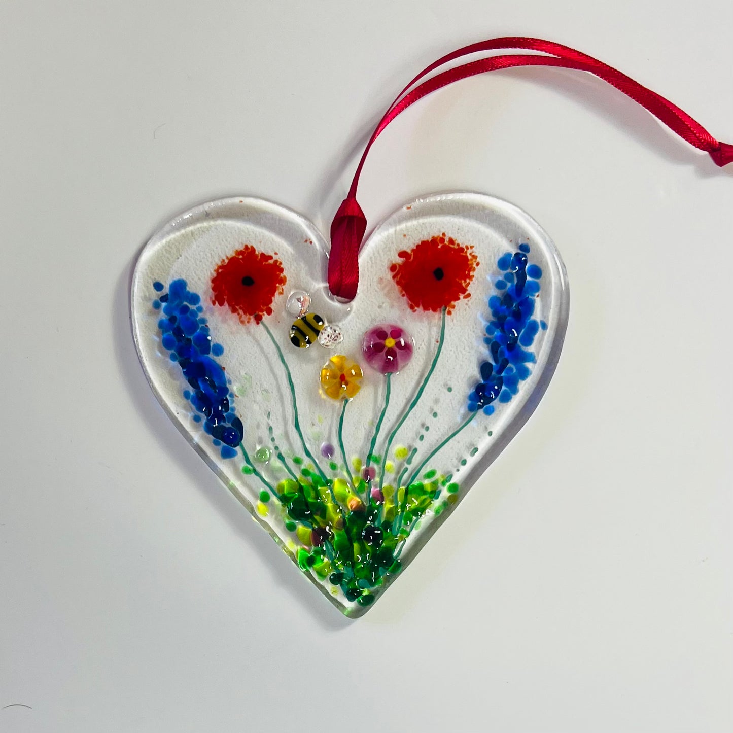 Multi coloured Flower Fused Glass Hanging Heart (Medium)