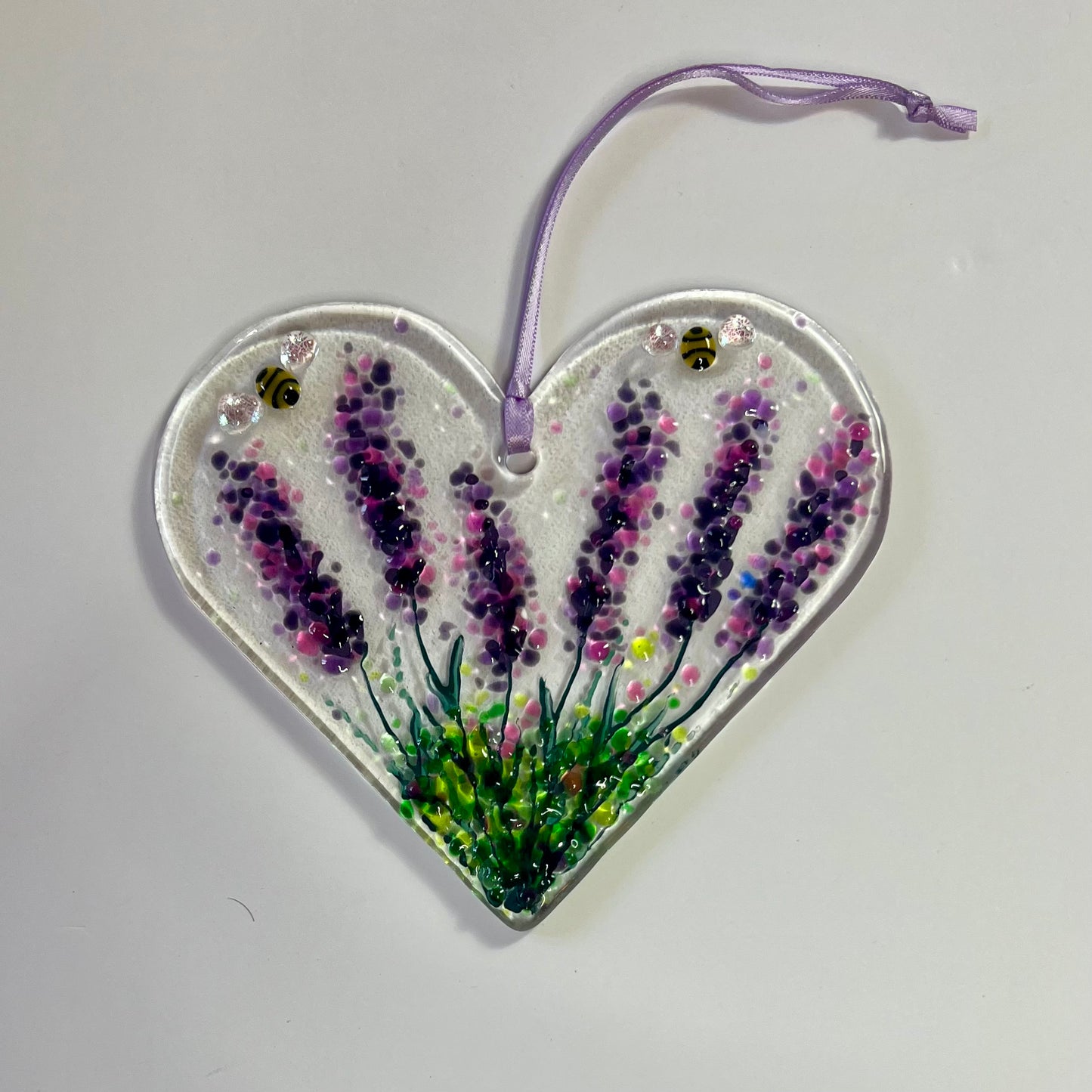 Lavender and Bee Fused Glass Hanging Heart (Large)