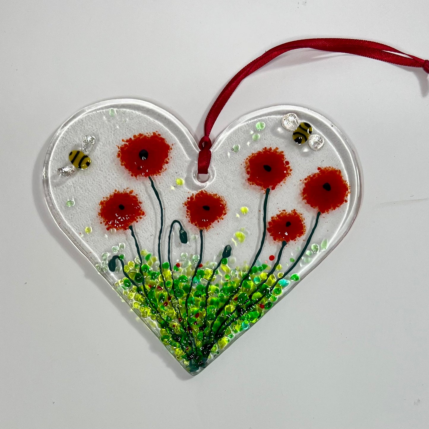 Poppies and Bee Fused Glass Hanging Heart (Large)