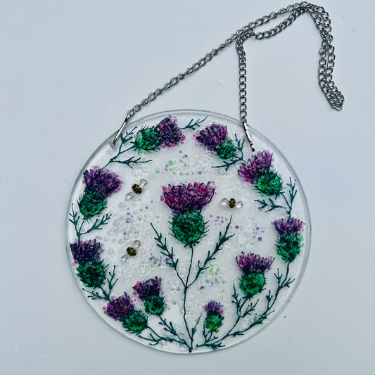 Hanging Thistle Suncatcher Glass Panel with Bees