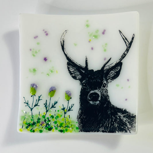 Stag in the glen trinket dish. Scottish artist. Thistles