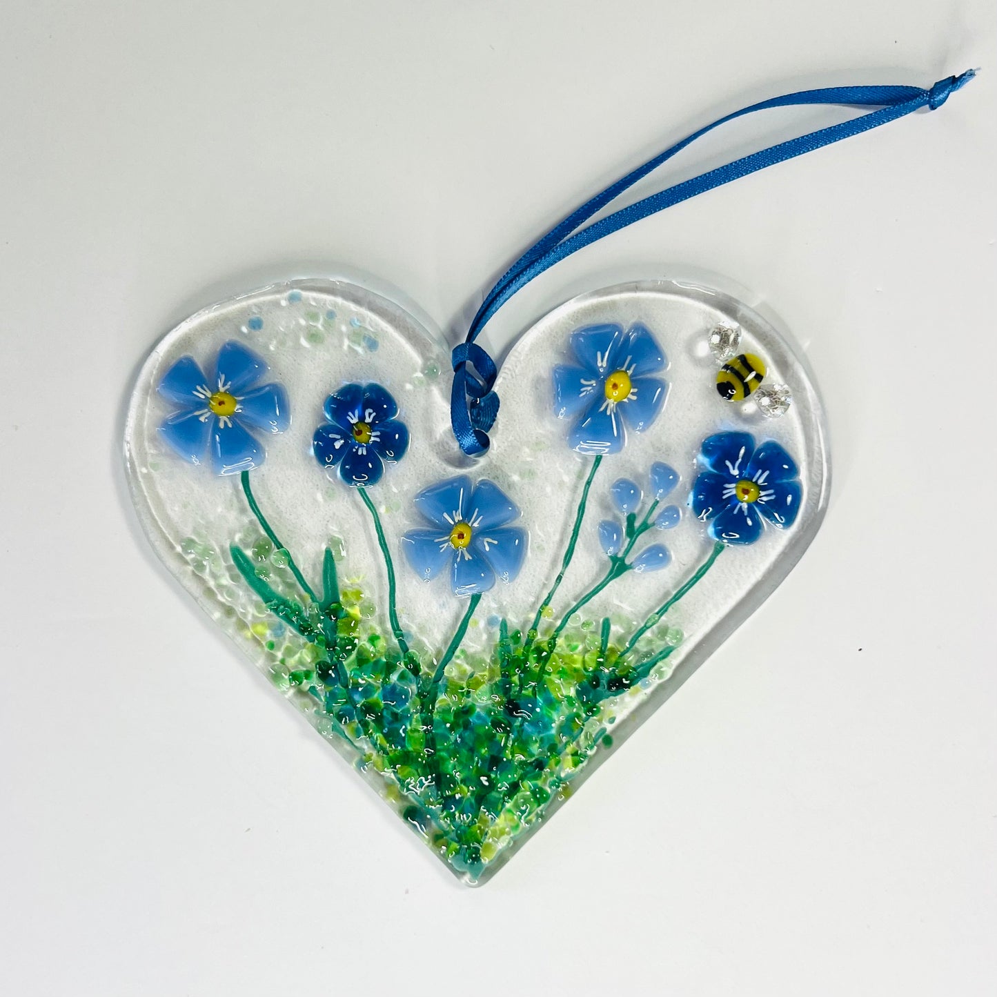 Forget-Me-Not and Bee Fused Glass Hanging Heart (Large)