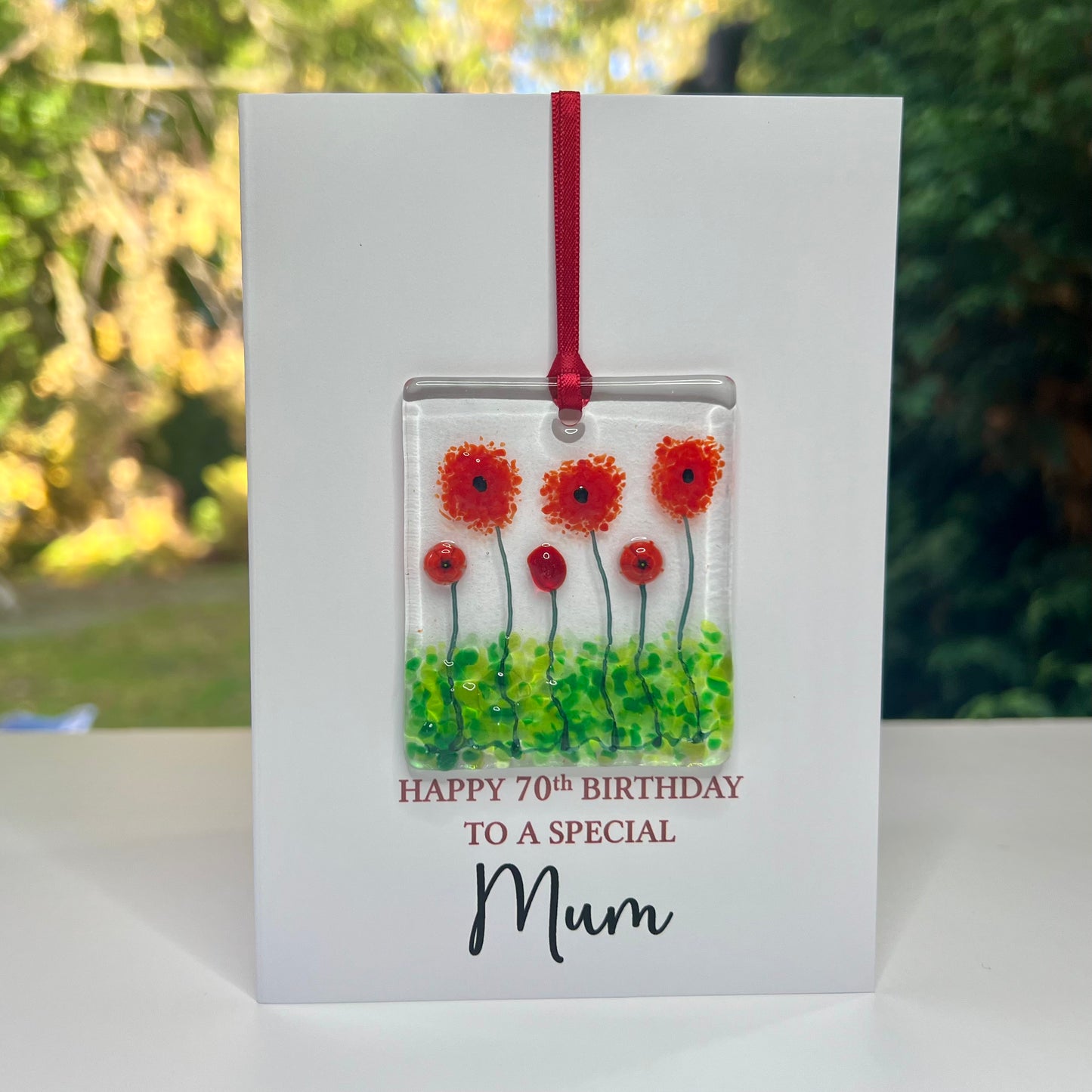 70th Mum Birthday card with detachable handmade glass keepsake