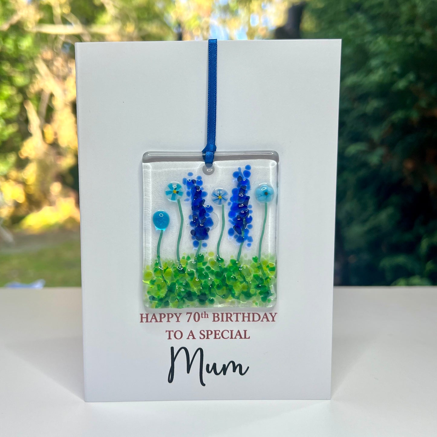 70th Mum Birthday card with detachable handmade glass keepsake