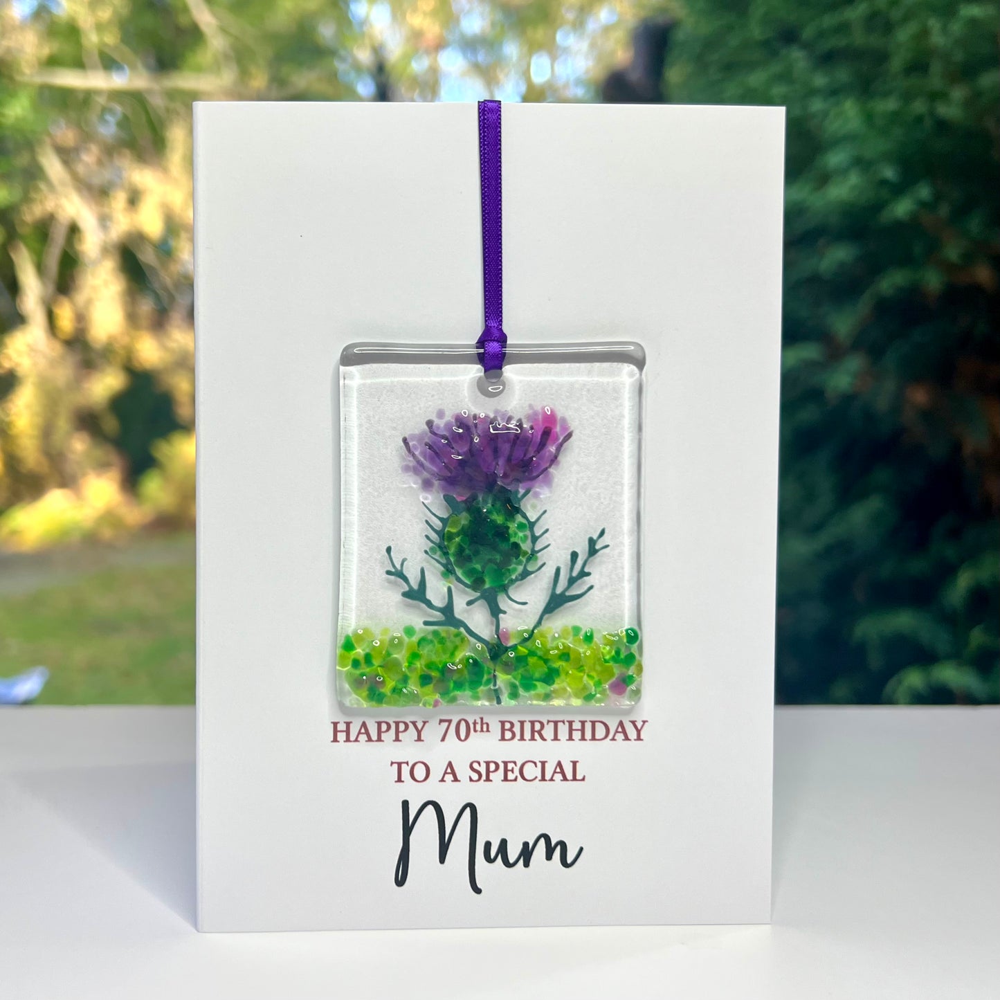 70th Mum Birthday card with detachable handmade glass keepsake