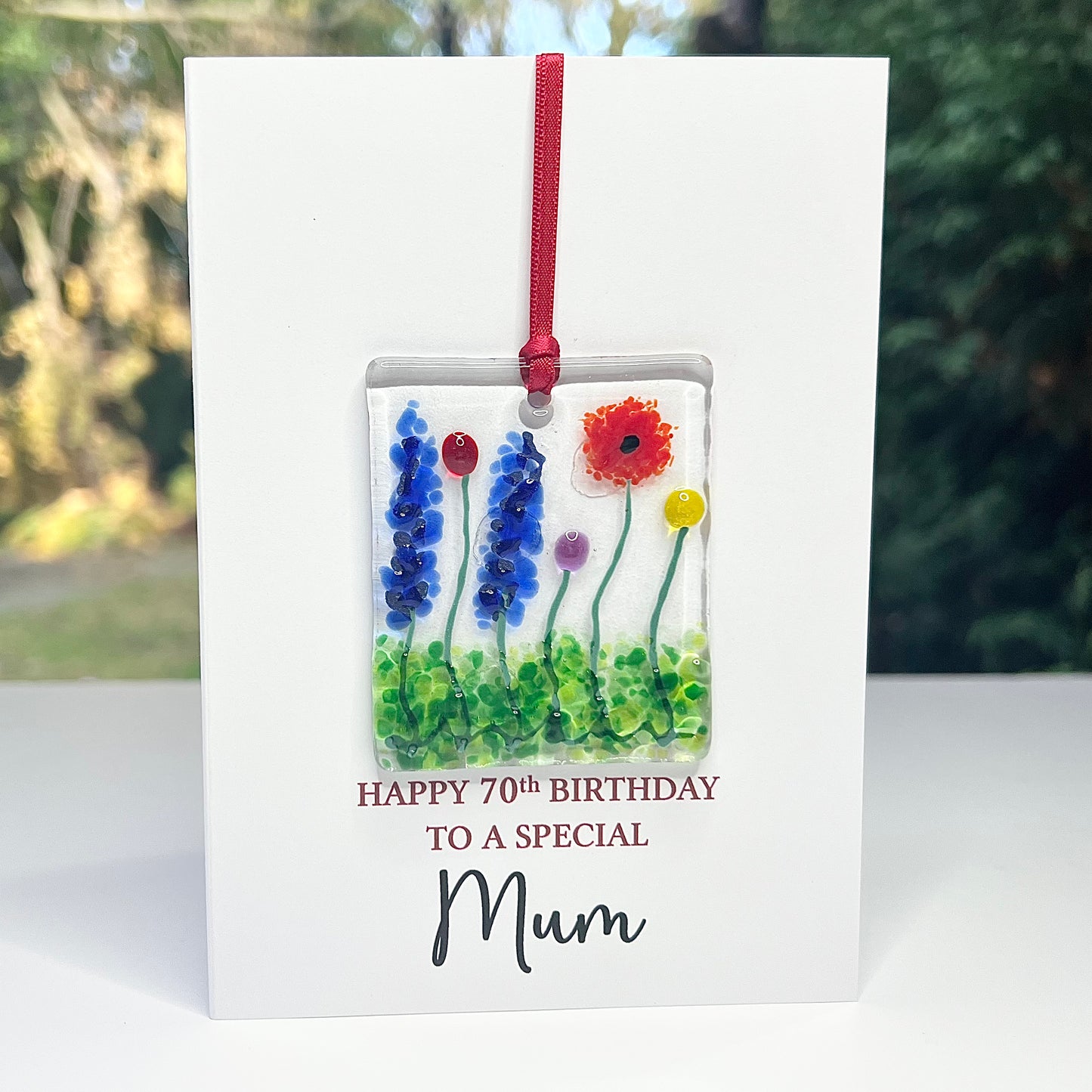 70th Mum Birthday card with detachable handmade glass keepsake