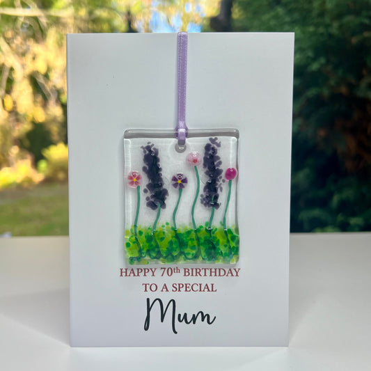 70th Mum Birthday card with detachable handmade glass keepsake