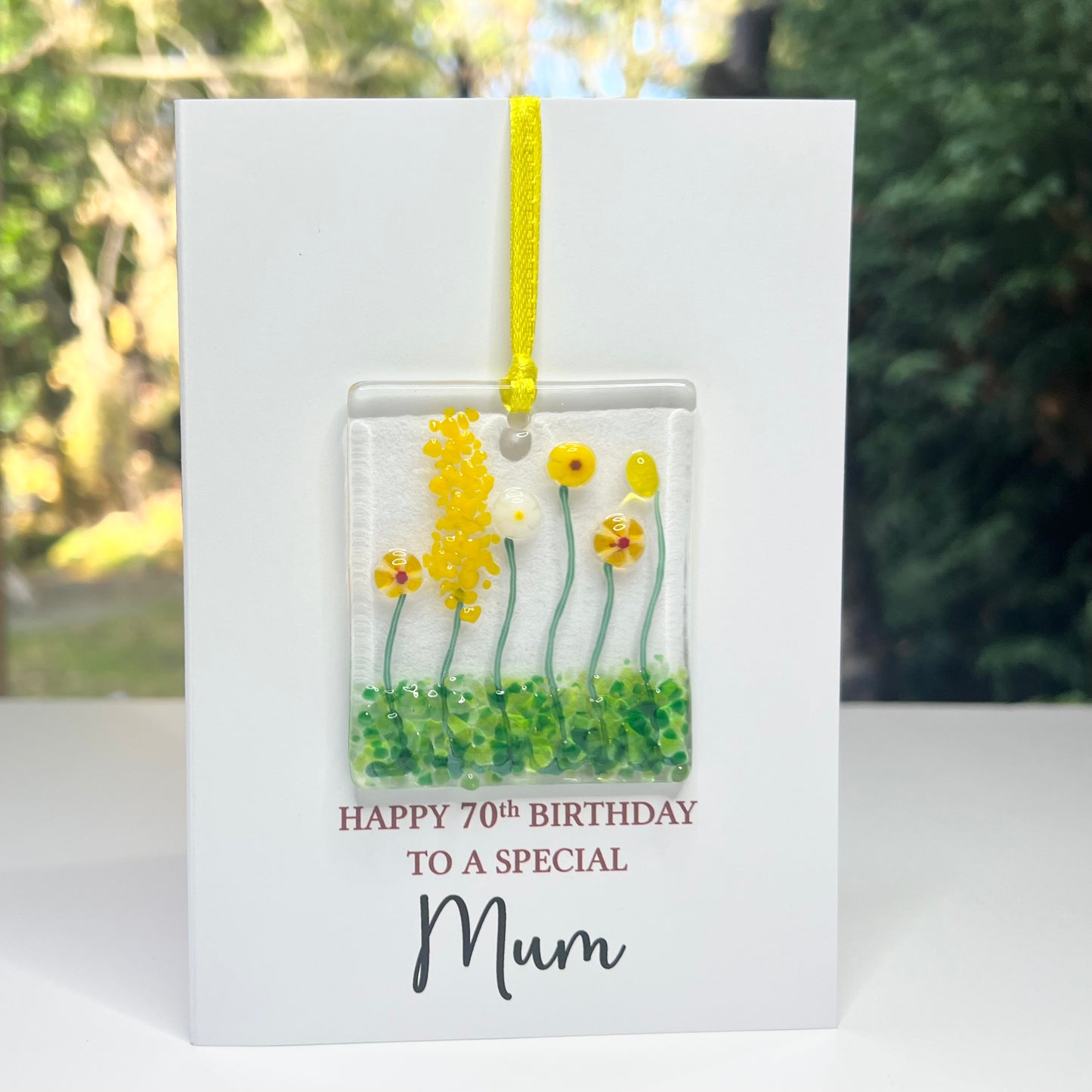 70th Mum Birthday card with detachable handmade glass keepsake