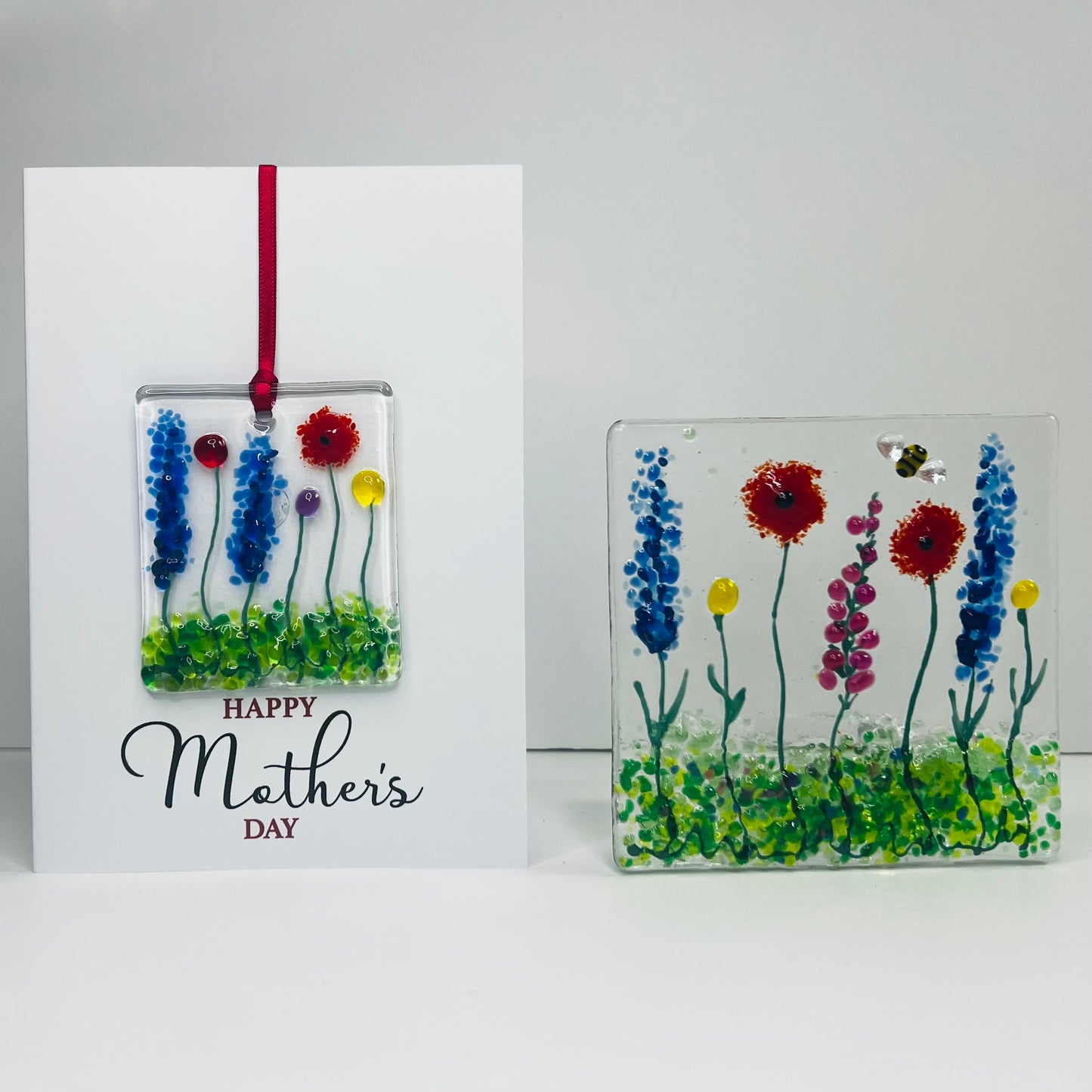 Mother’s Day Glass Gift Set – Fused Glass Floral Keepsake Card & Matching Tealight Holder
